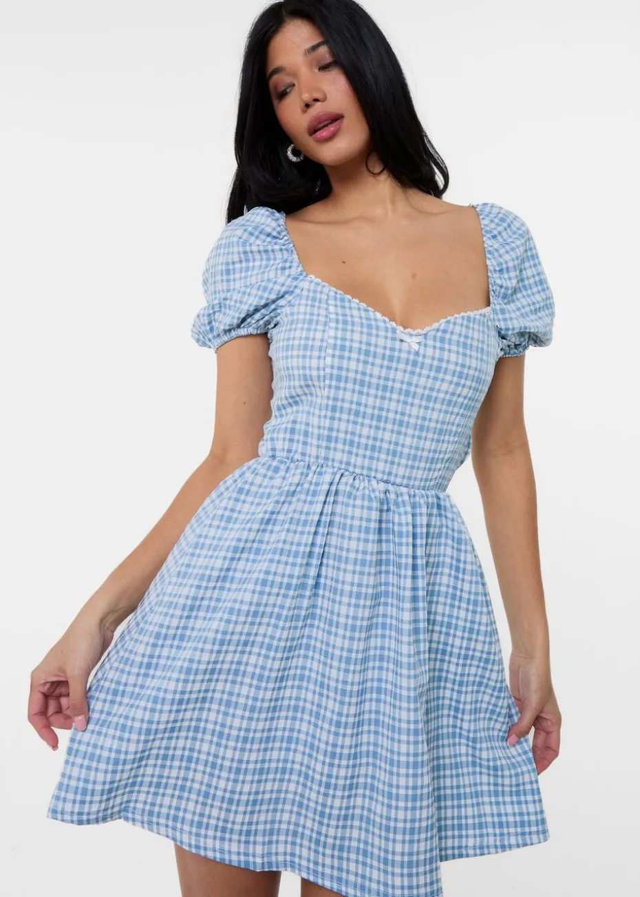 Pink Vanilla Blue Puff Sleeve Gingham Dress