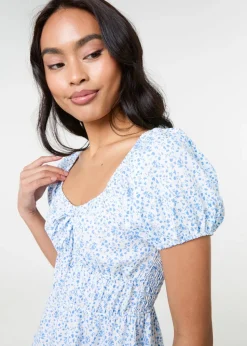 Pink Vanilla Blue Puff Sleeve Printed Mini Dress