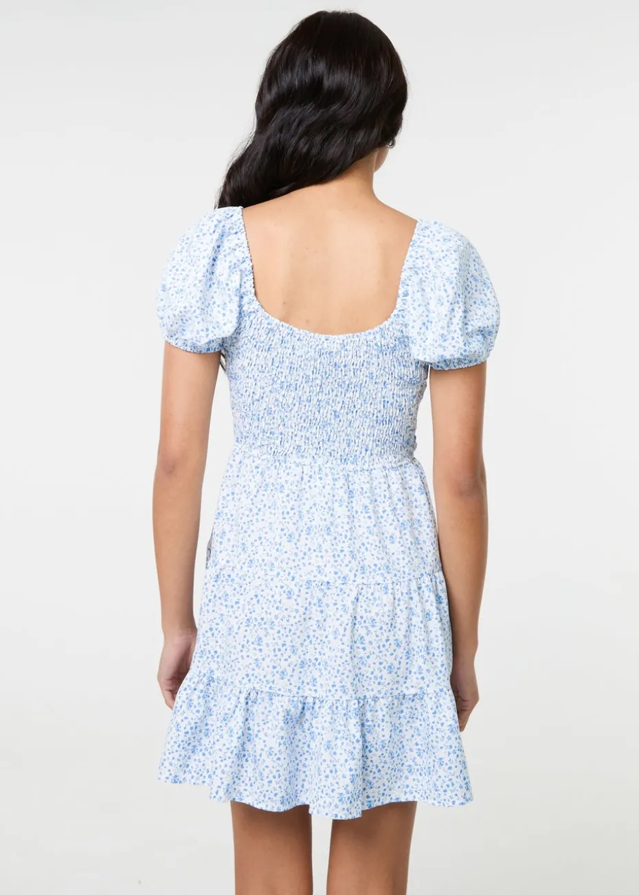 Pink Vanilla Blue Puff Sleeve Printed Mini Dress