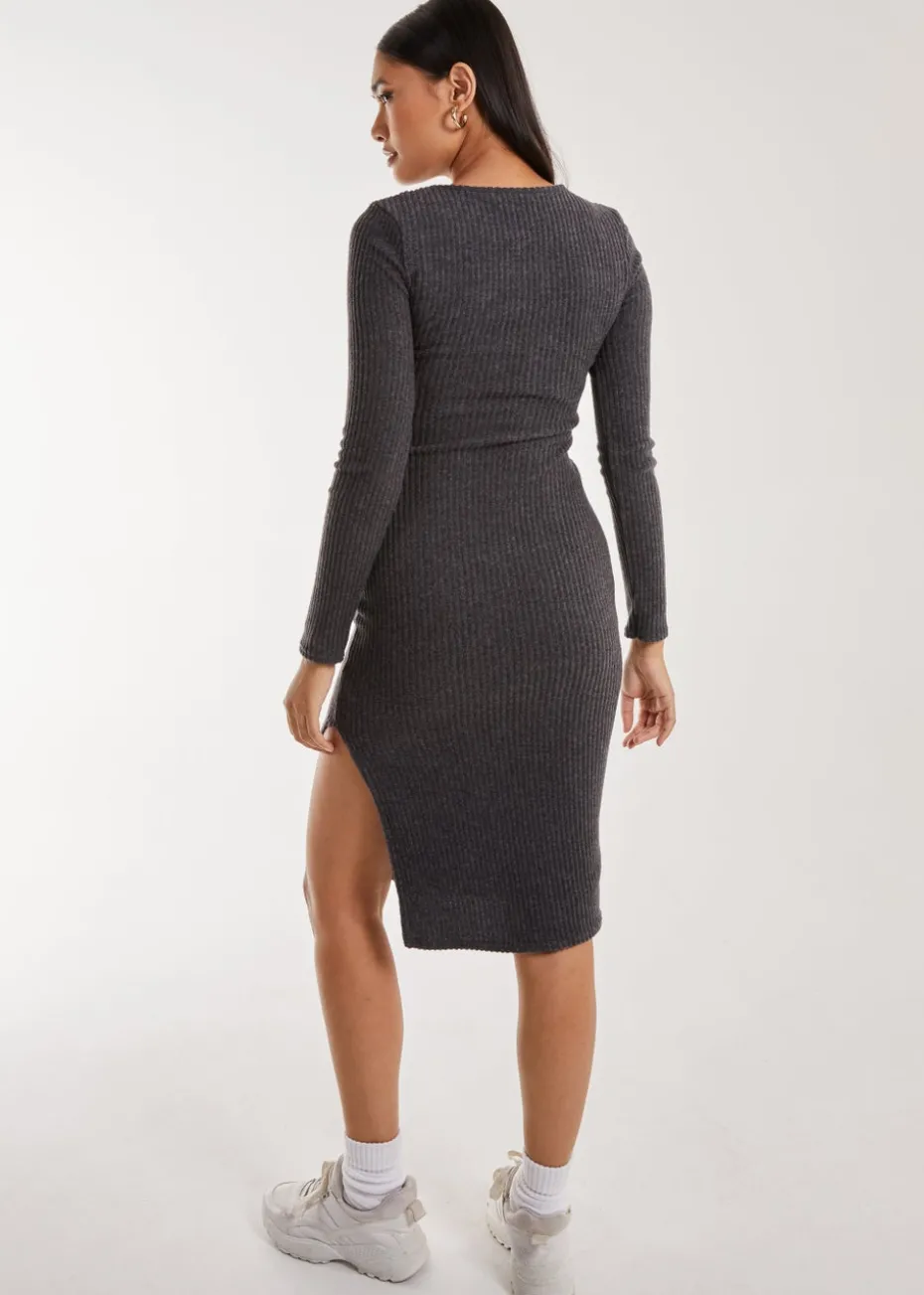 Pink Vanilla Charcoal Soft Brushed Rib Long Sleeve Midi Dress