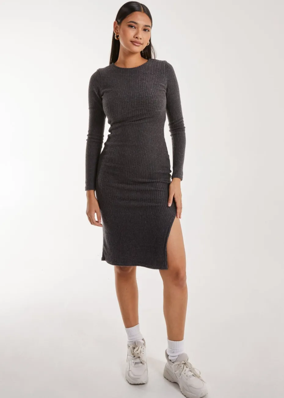 Pink Vanilla Charcoal Soft Brushed Rib Long Sleeve Midi Dress