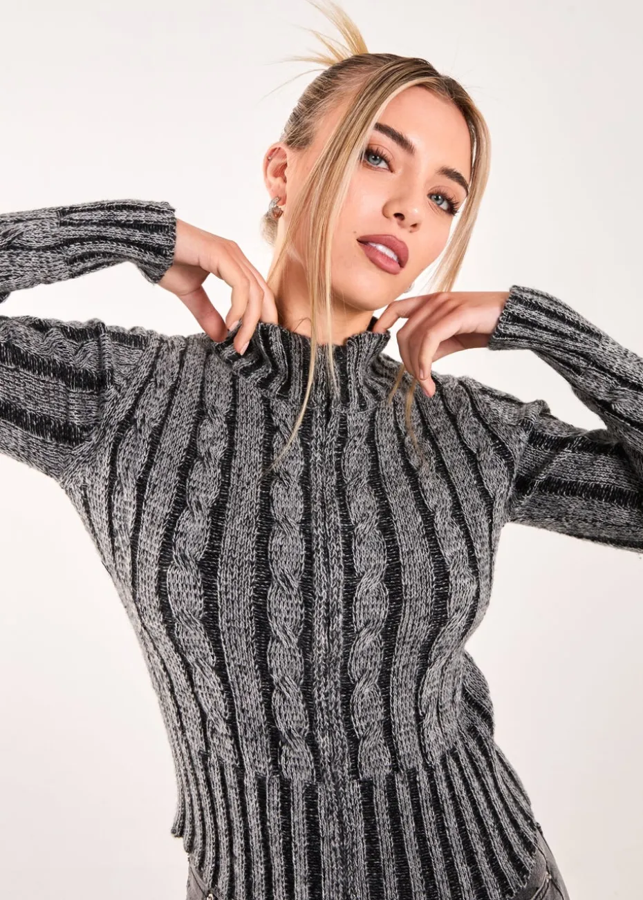 Pink Vanilla Dark Grey High Neck Zip Up Cable Knit