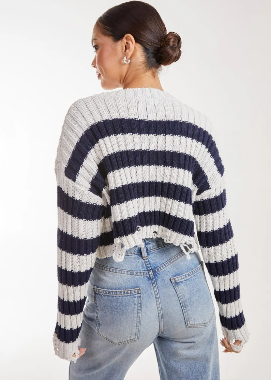 Pink Vanilla Distressed Striped Navy Crop Knit Jumper