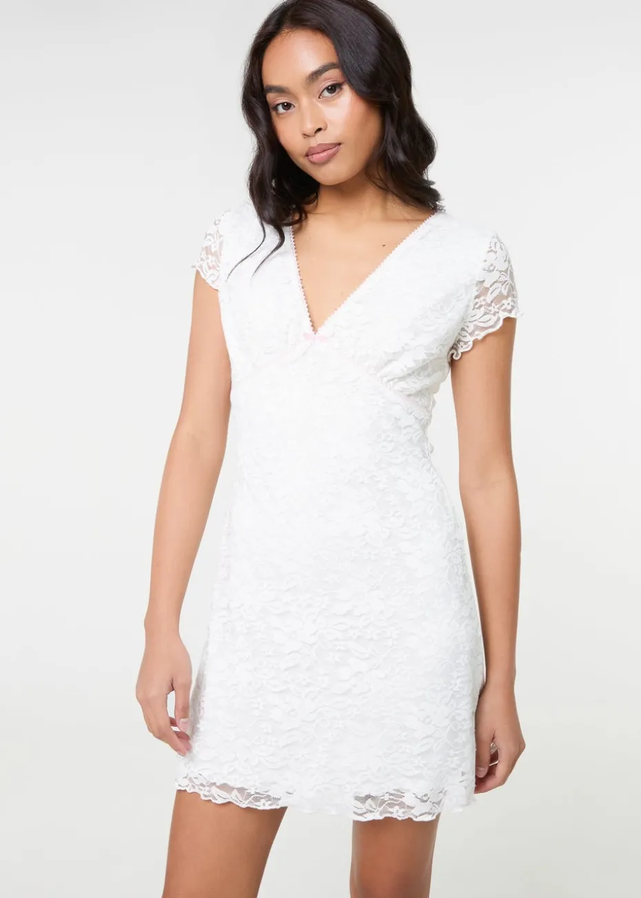 Pink Vanilla Ivory Cap Sleeve Lace Mini Dress