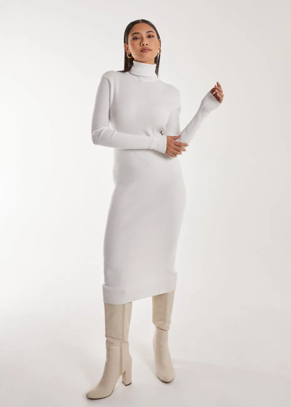 Pink Vanilla Ivory Ribbed Roll Neck Midi Dress