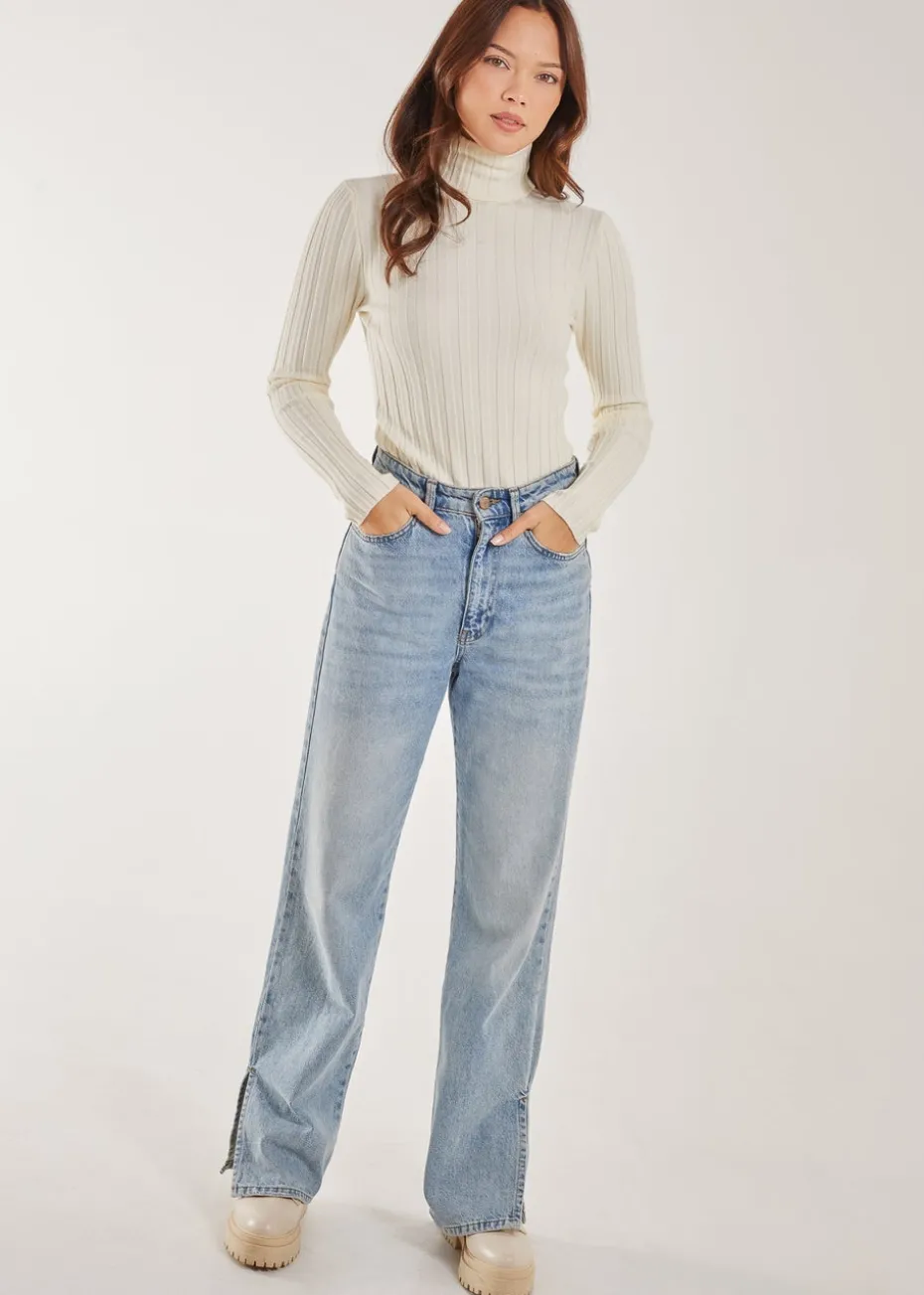 Pink Vanilla Ivory Soft Knit Wide Rib Roll Neck Top