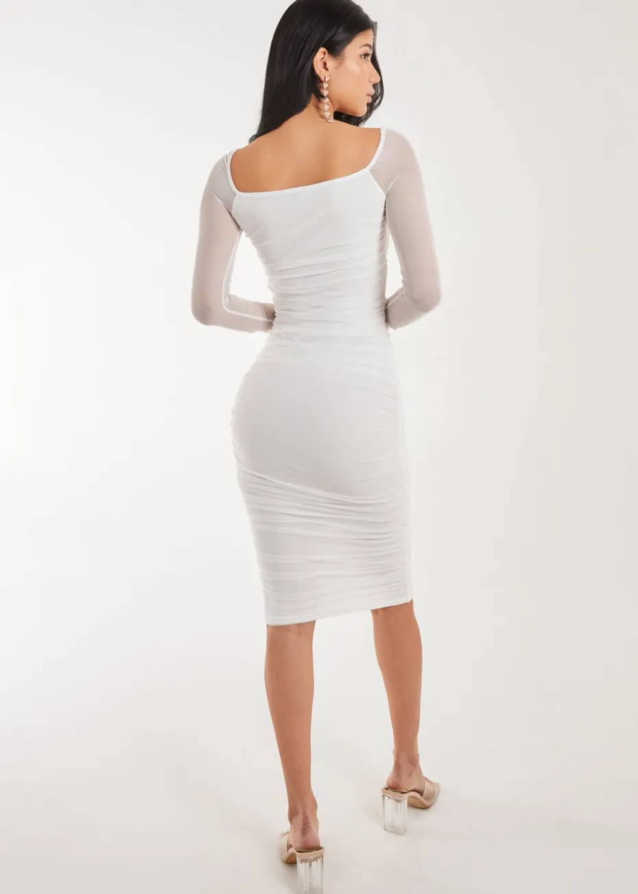 Pink Vanilla Ivory Square Neck Mesh Midi Dress