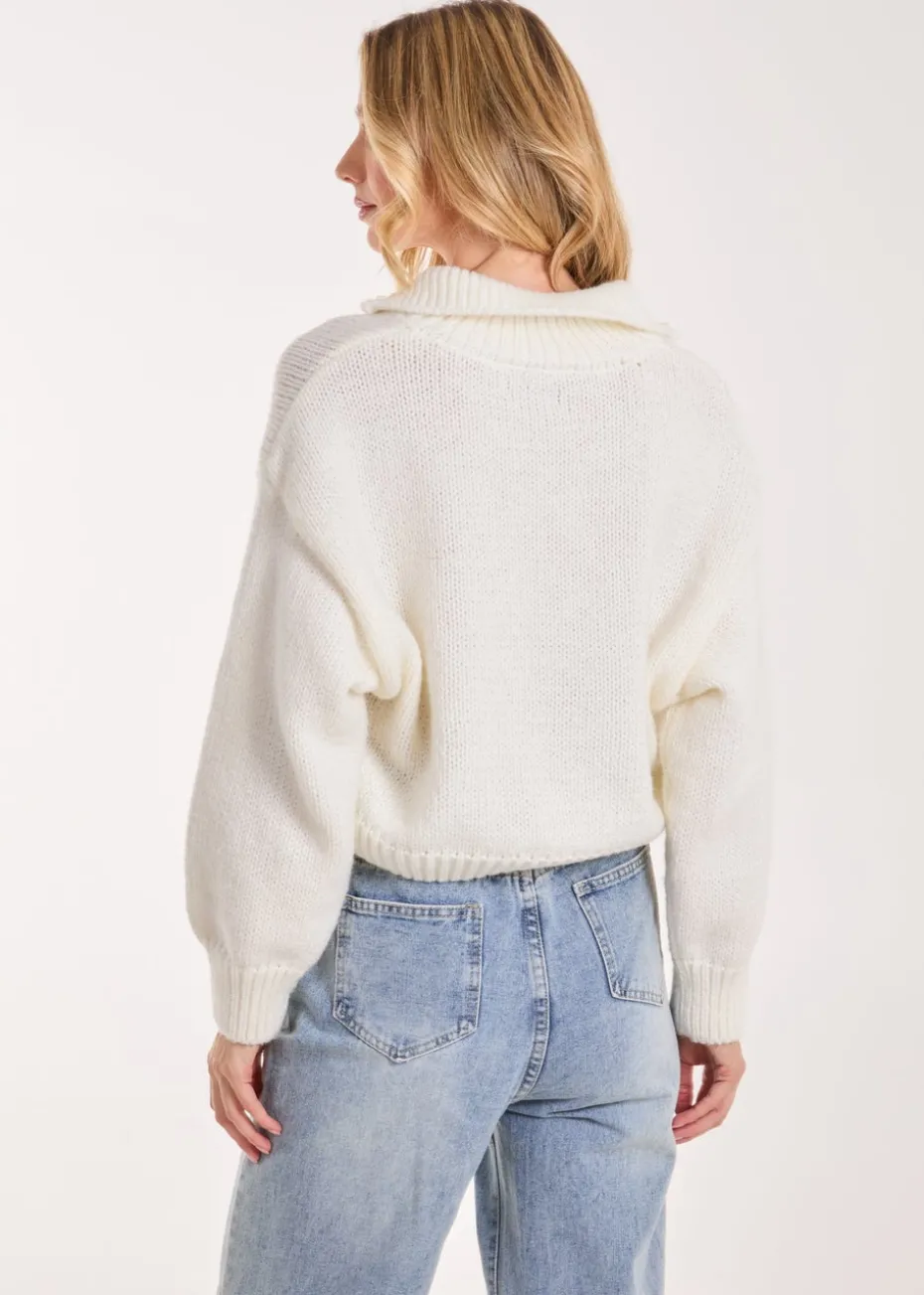 Pink Vanilla Ivory Zip Up Collar Knit Cropped Jumper