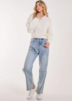 Pink Vanilla Ivory Zip Up Collar Knit Cropped Jumper