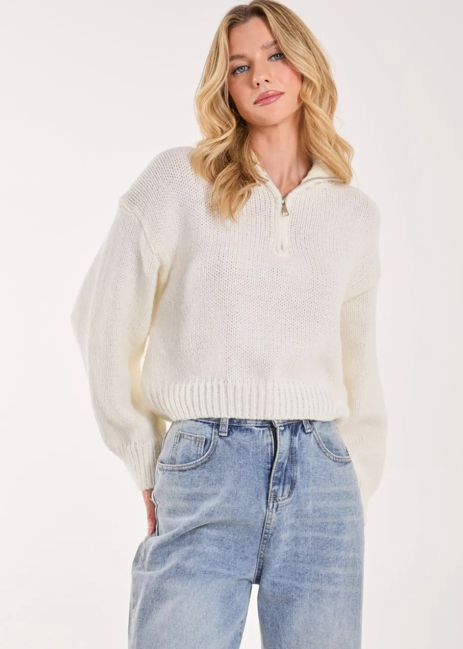 Pink Vanilla Ivory Zip Up Collar Knit Cropped Jumper