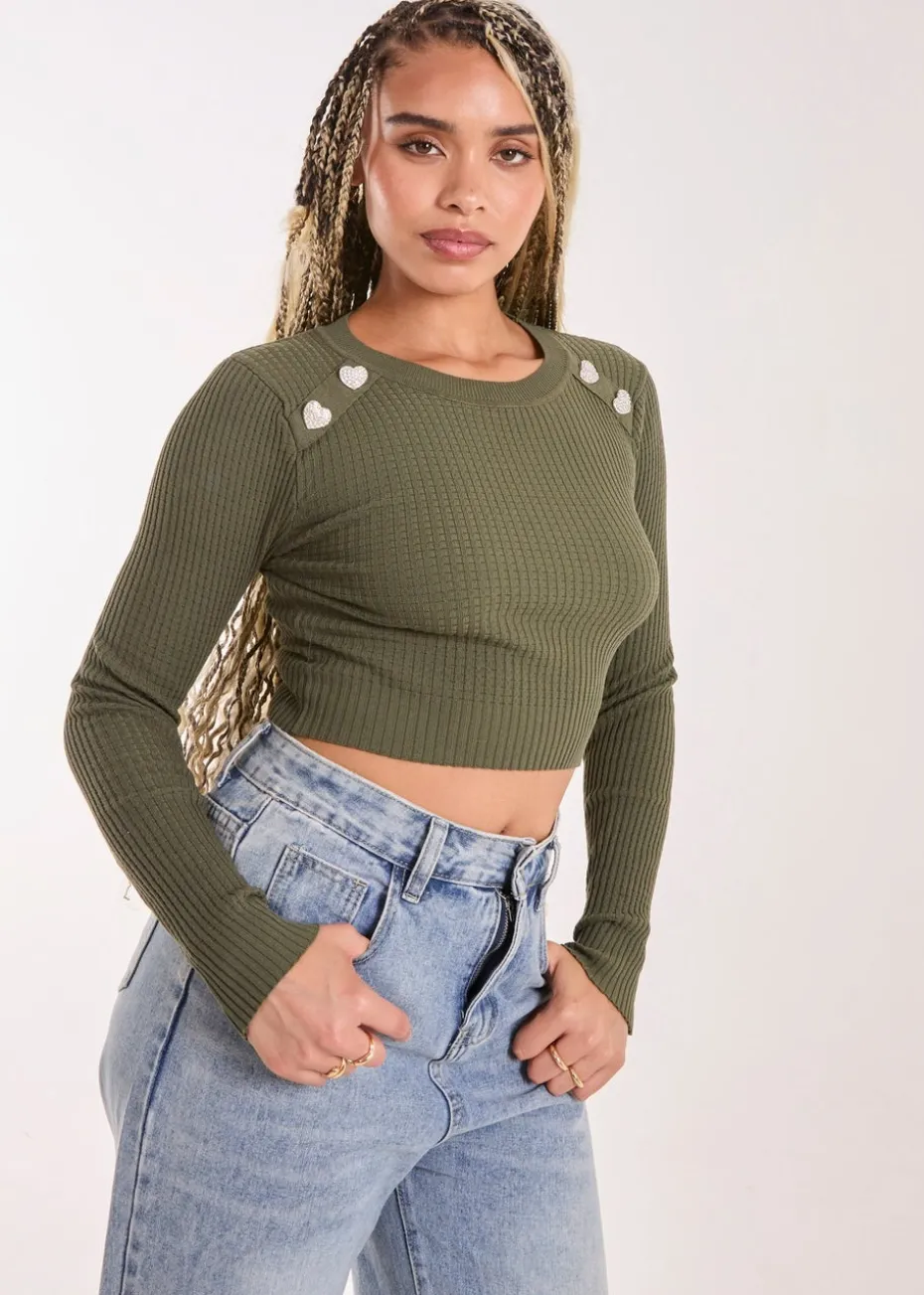 Pink Vanilla Khaki Heart Embellishment Rib Knit Top