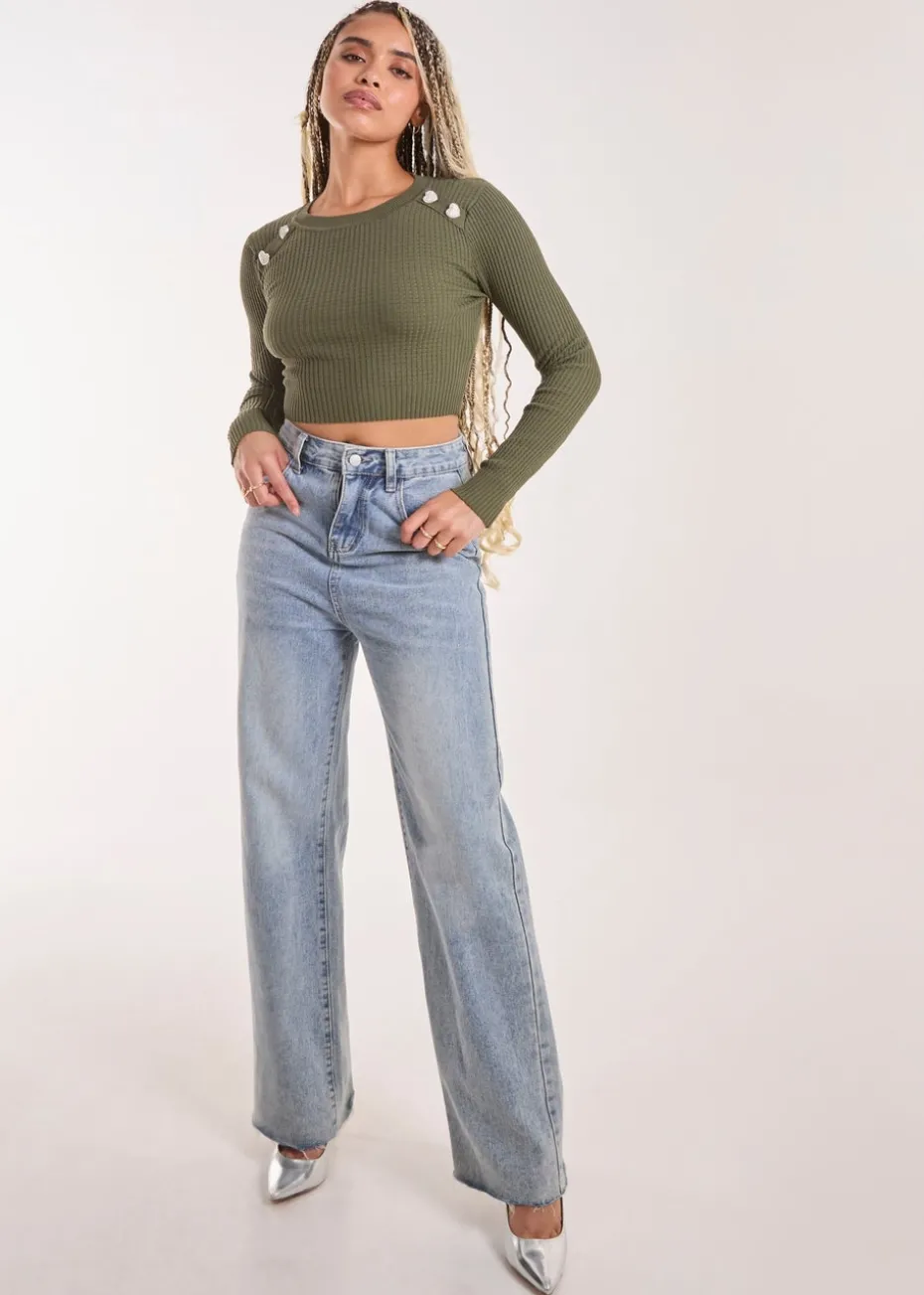 Pink Vanilla Khaki Heart Embellishment Rib Knit Top