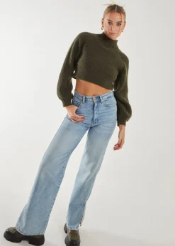 Pink Vanilla Khaki High Neck Knitted Jumper