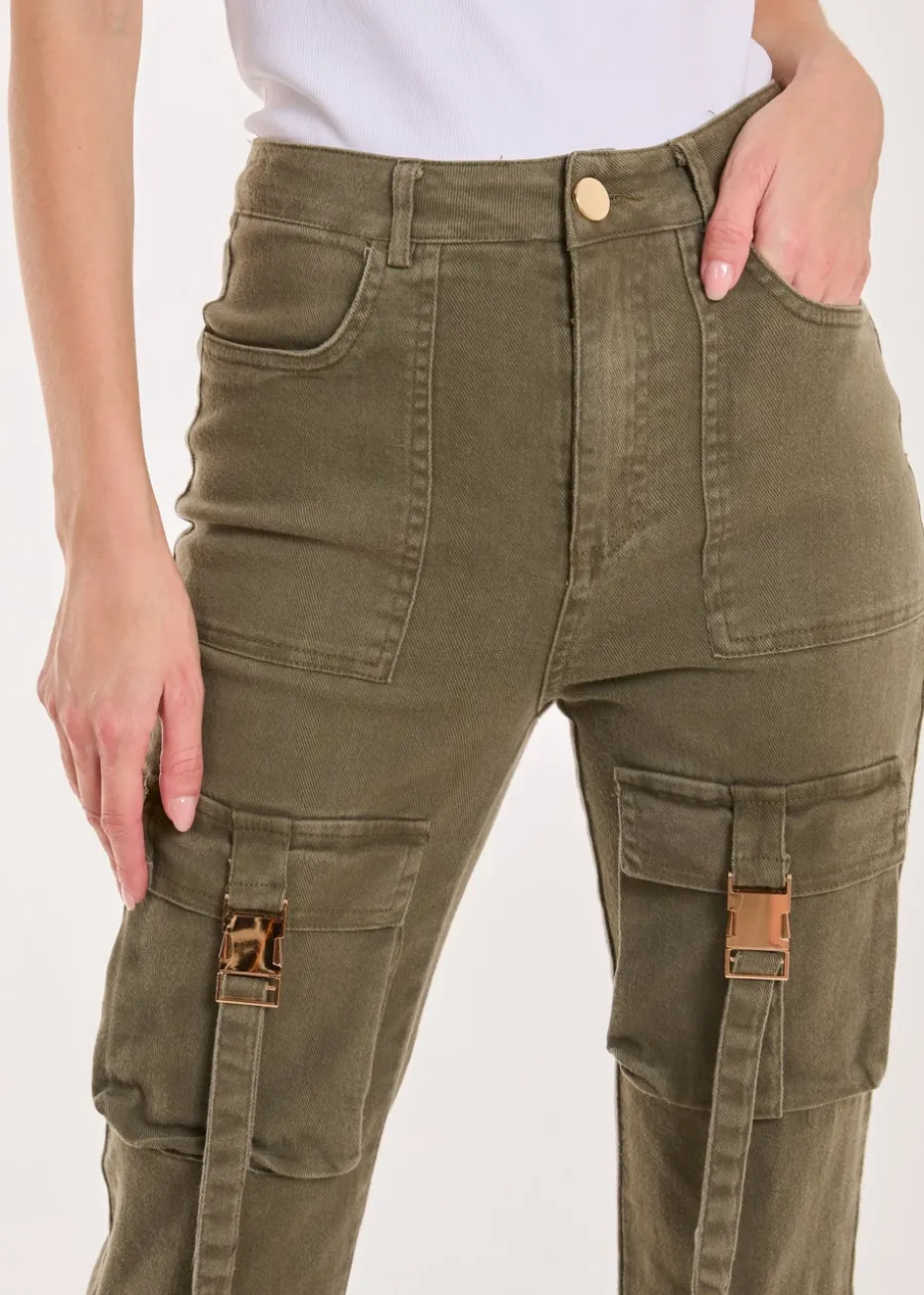 Pink Vanilla Khaki High Waist Utility Pocket Flare Jeans