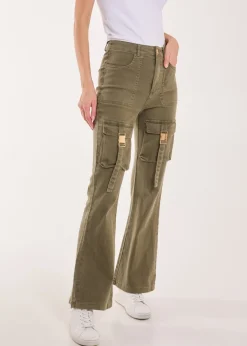 Pink Vanilla Khaki High Waist Utility Pocket Flare Jeans