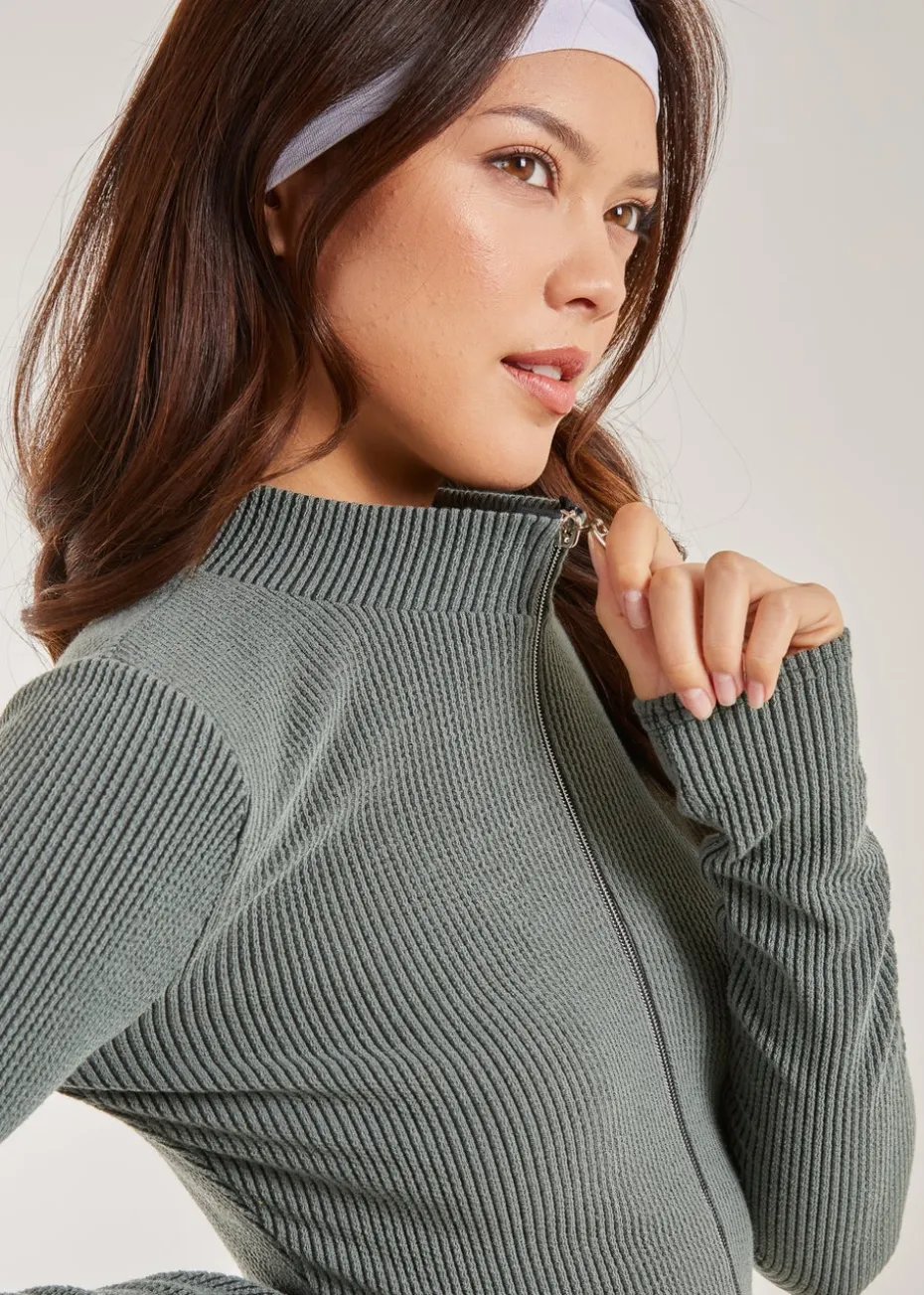Pink Vanilla Khaki Two Tone Rib Double Zip Top