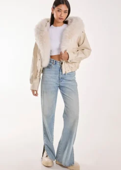 Pink Vanilla Stone Fur Hooded Cropped Utility Jacket