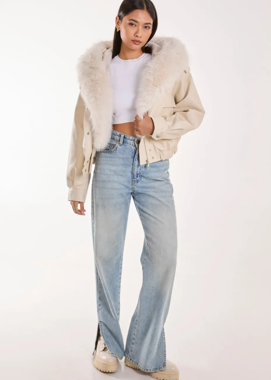 Pink Vanilla Stone Fur Hooded Cropped Utility Jacket