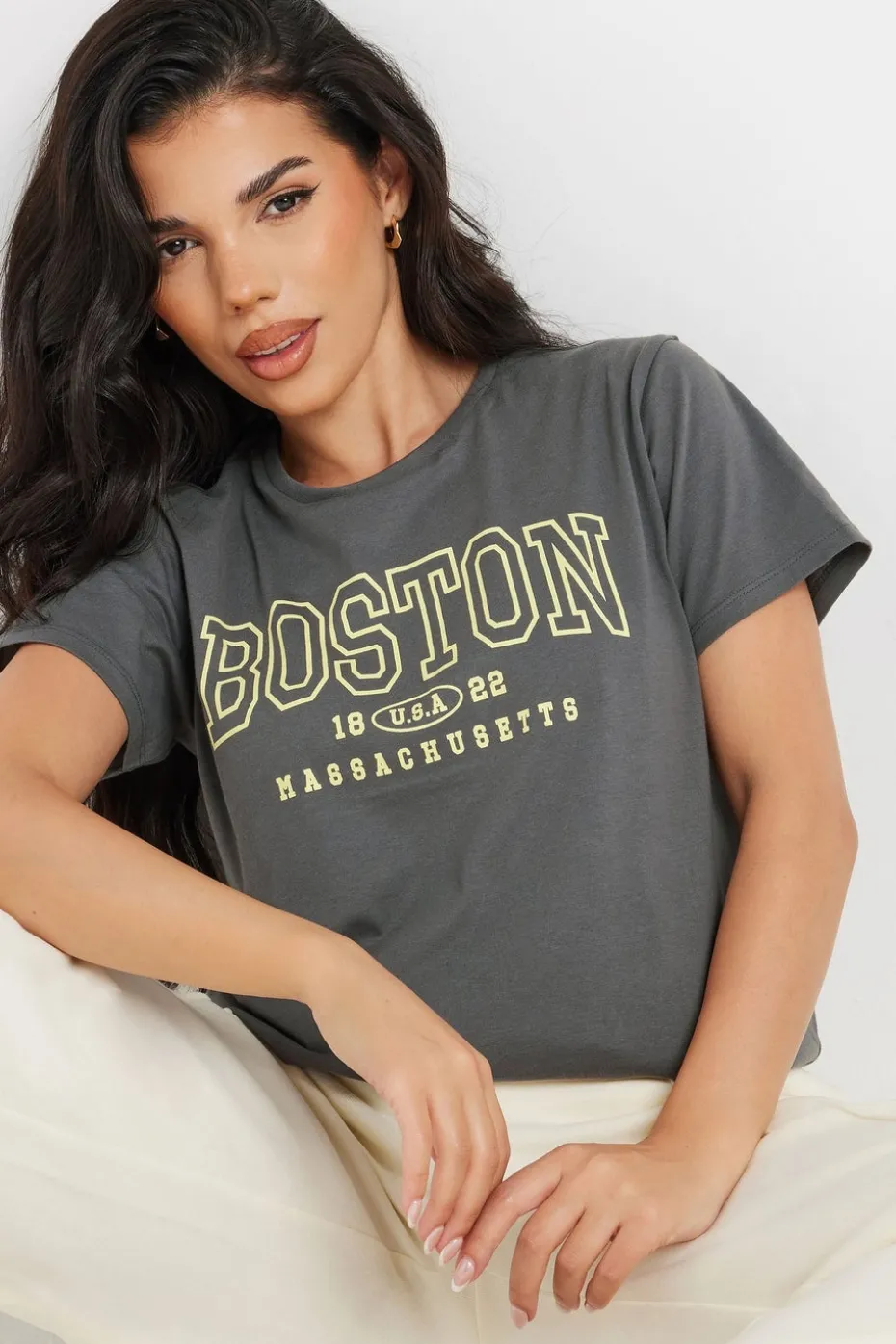 Pixiegirl Grey Boston Slogan T-Shirt