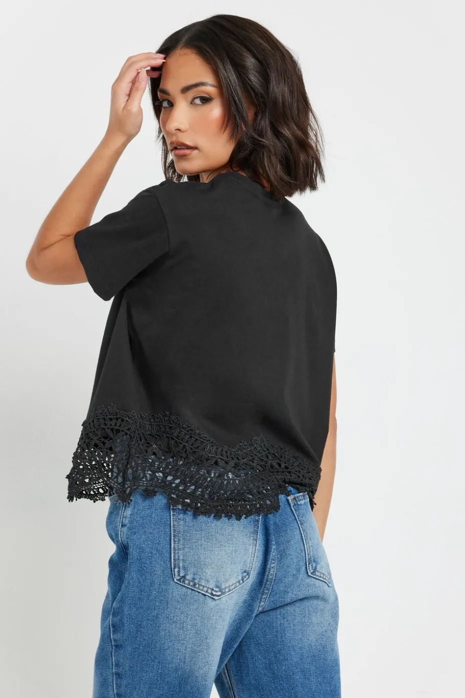 Pixiegirl Petite Black Crochet Hemline T-Shirt