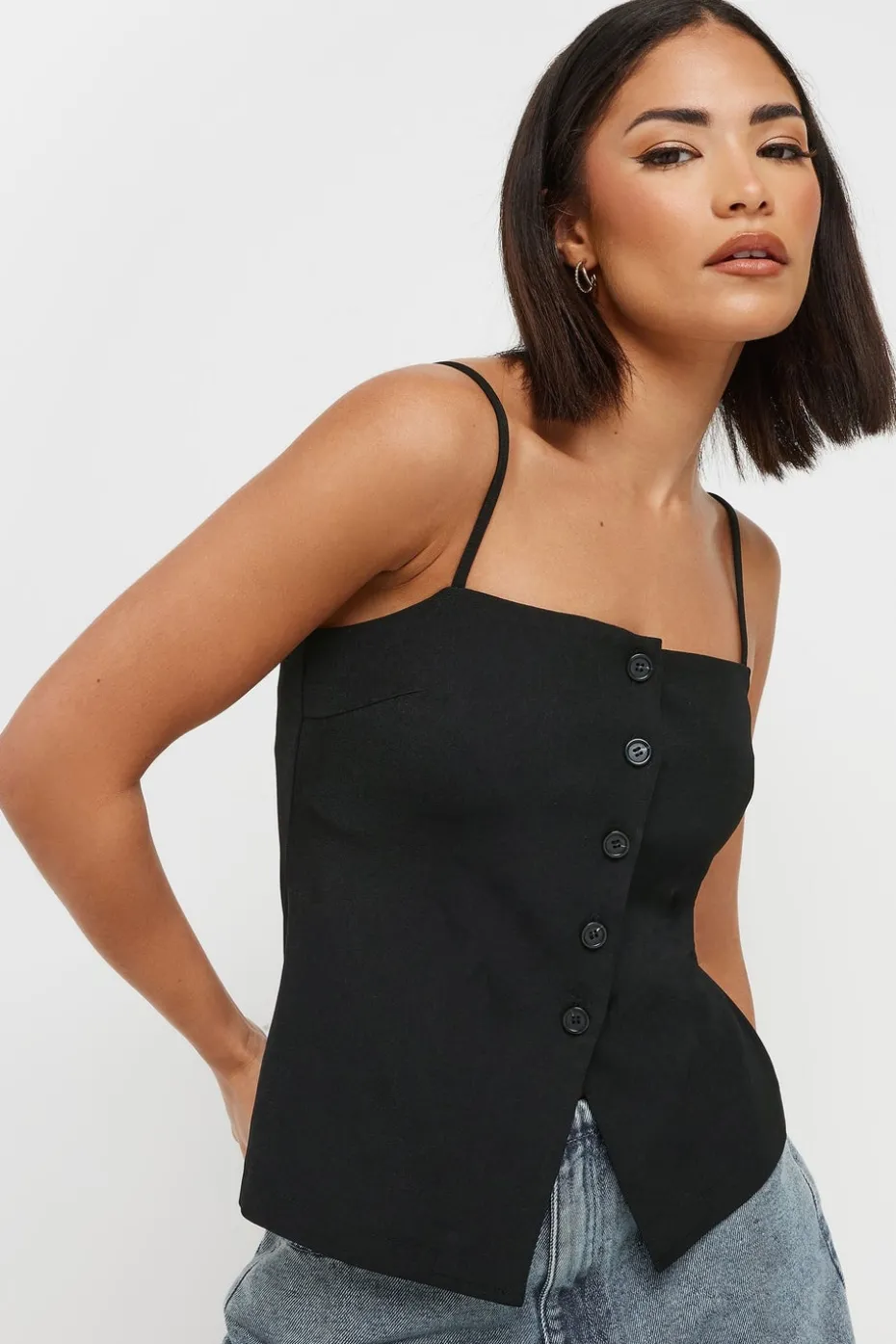 Pixiegirl Petite Black Structured Button Vest Top
