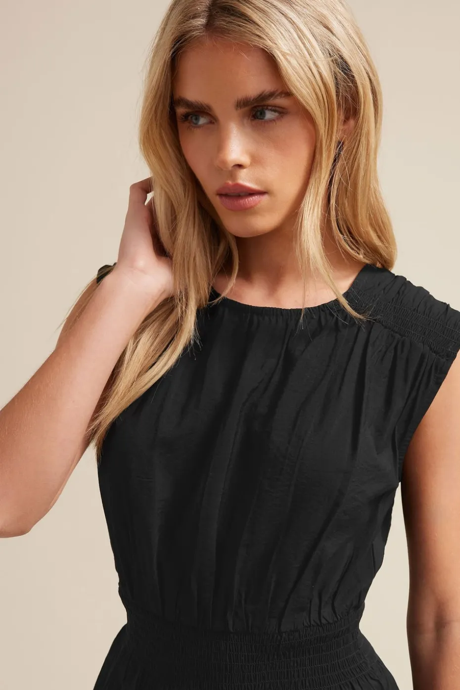 Pixiegirl Petite Black Woven Shirred Waist Top