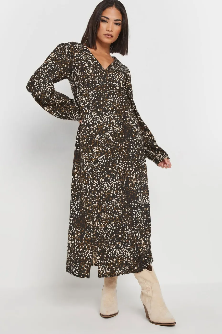 Pixiegirl Petite Brown Abstract Spot Midi Tea Dress