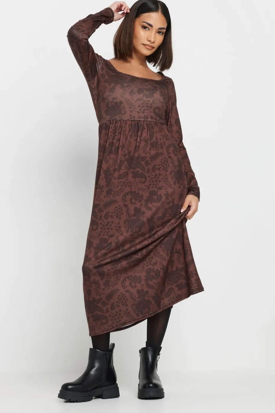Pixiegirl Petite Brown Paisley Print Midi Tea Dress