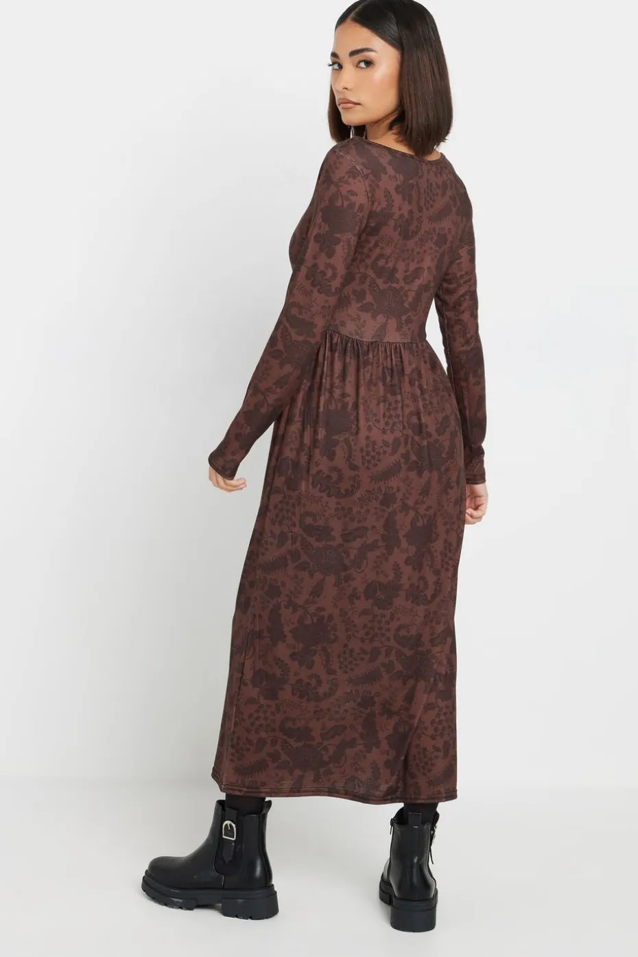 Pixiegirl Petite Brown Paisley Print Midi Tea Dress