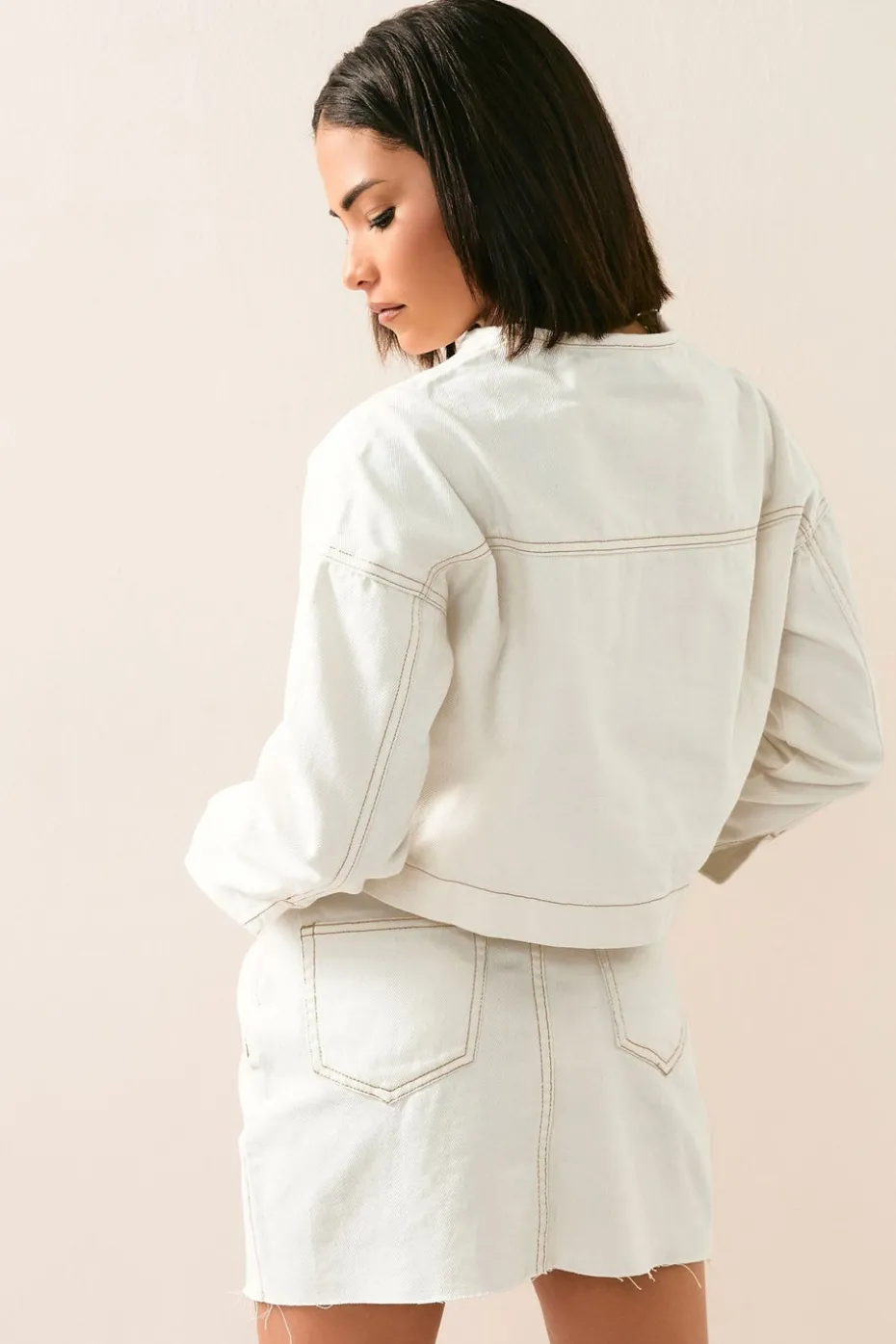 Pixiegirl Petite Cream Denim Contrast Stitch Mini Skirt