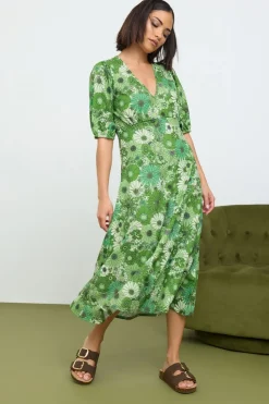 Pixiegirl Petite Green Floral Print Midi Tea Dress