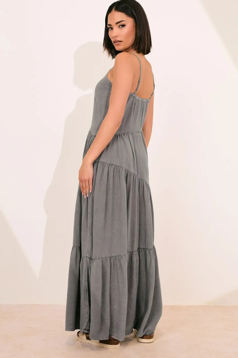 Pixiegirl Petite Grey Acid Wash Asymmetric Tiered Maxi Dress