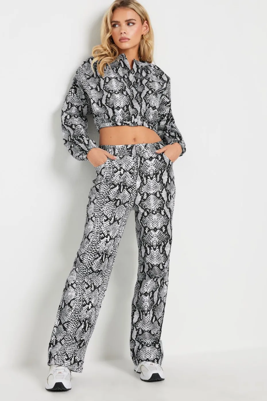 Pixiegirl Petite Grey Snake Print Straight Leg Jeans