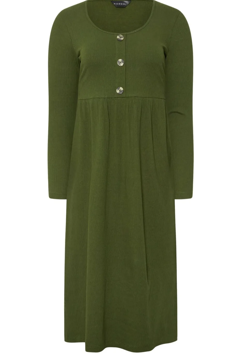 Pixiegirl Petite Khaki Green Ribbed Button Midaxi Dress