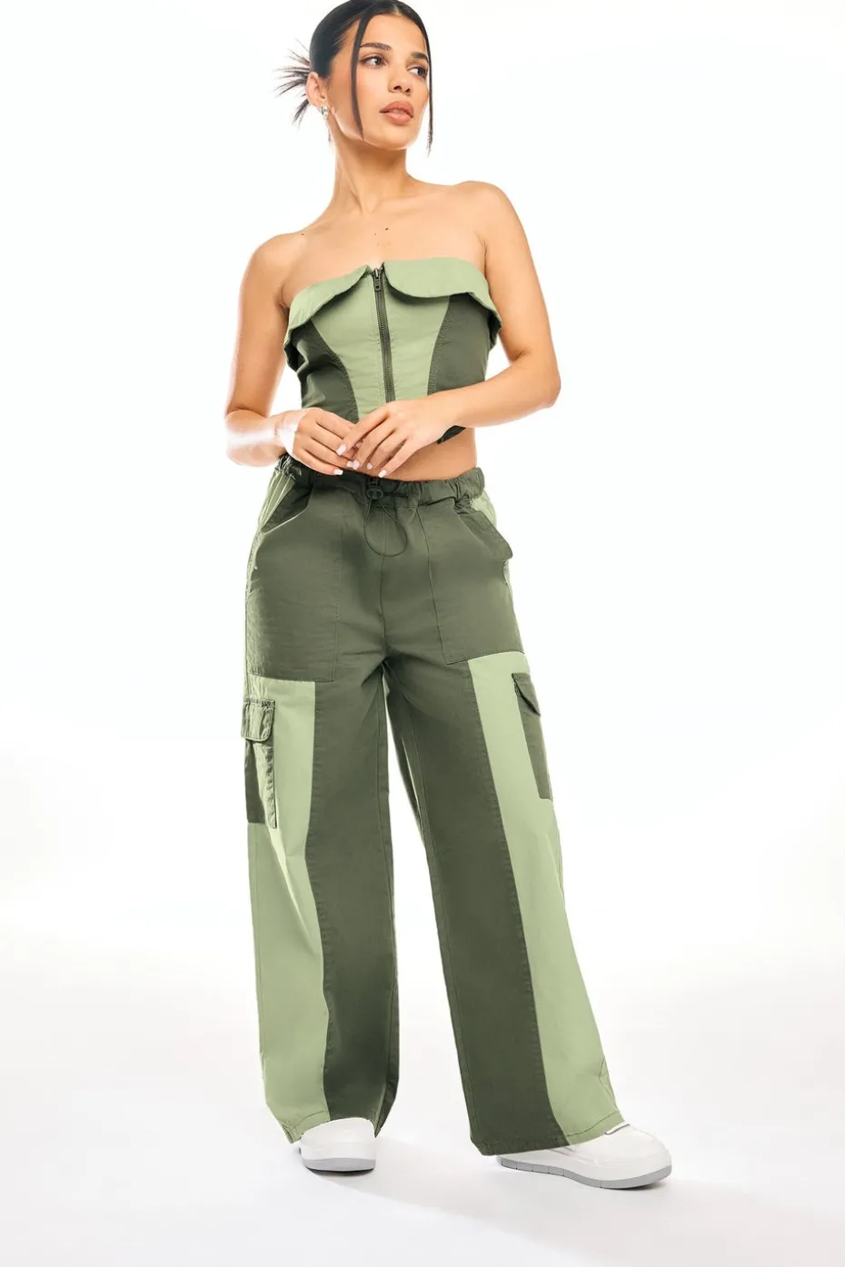 Pixiegirl Petite Khaki Green Colourblock Cargo Trousers