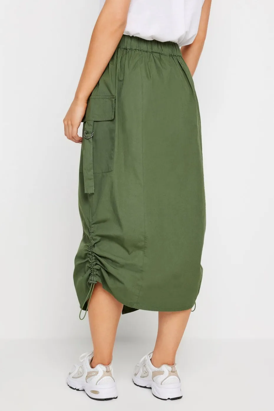Pixiegirl Petite Khaki Green Cargo Ruched Midi Skirt