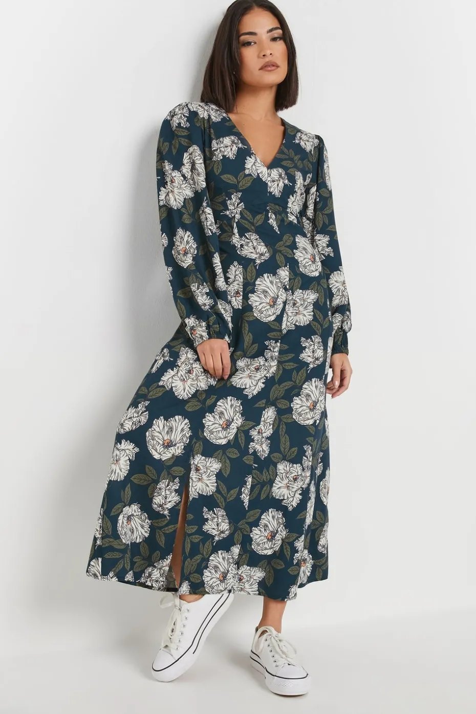 Pixiegirl Petite Navy Blue Floral Midi Tea Dress