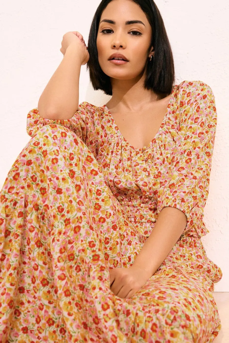 Pixiegirl Petite Orange Ditsy Floral Tiered Maxi Skirt