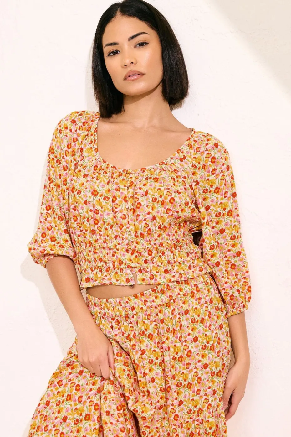 Pixiegirl Petite Orange Ditsy Floral Puff Sleeve Top