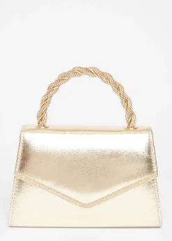 Quiz Gold Diamante Twist Top Handle Bag