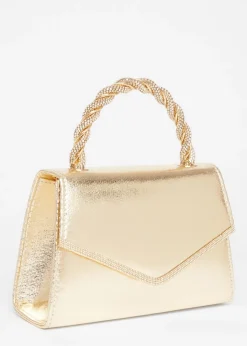 Quiz Gold Diamante Twist Top Handle Bag