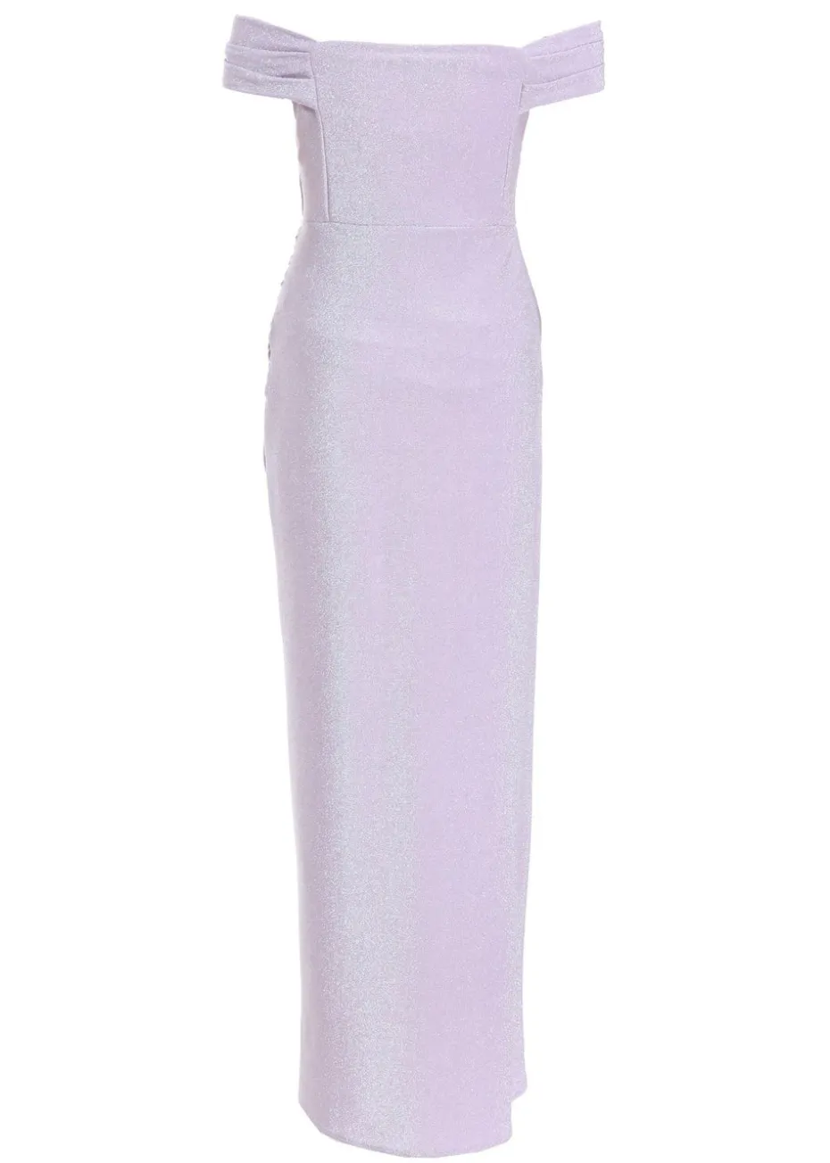 Quiz Purple Glitter Bardot Ruched Maxi Dress