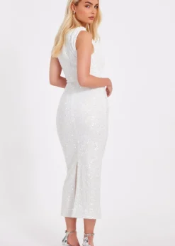 Quiz White Textured Sequin Midaxi Dress
