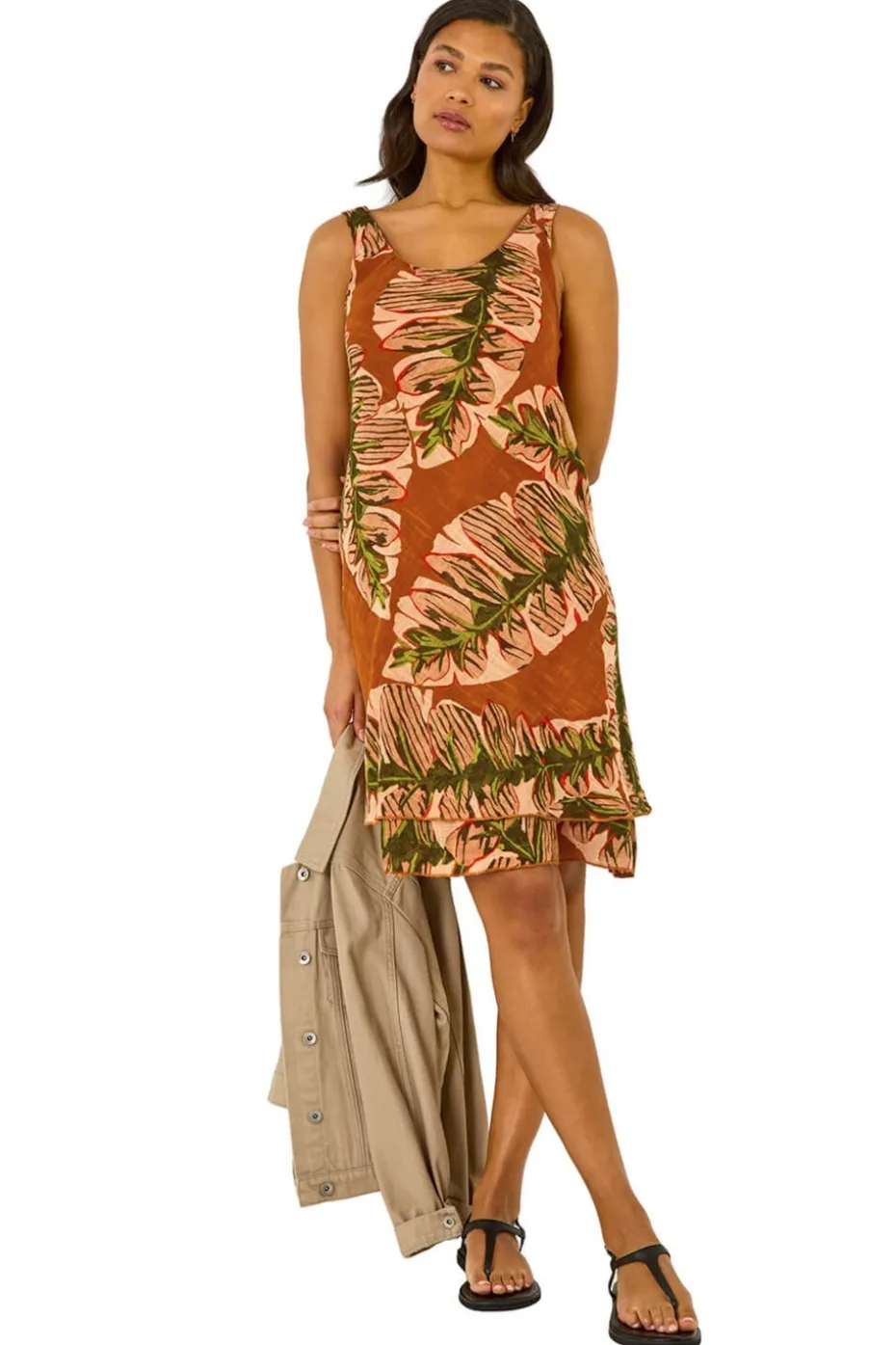 Roman Amber Leaf Print Double Layer Dress