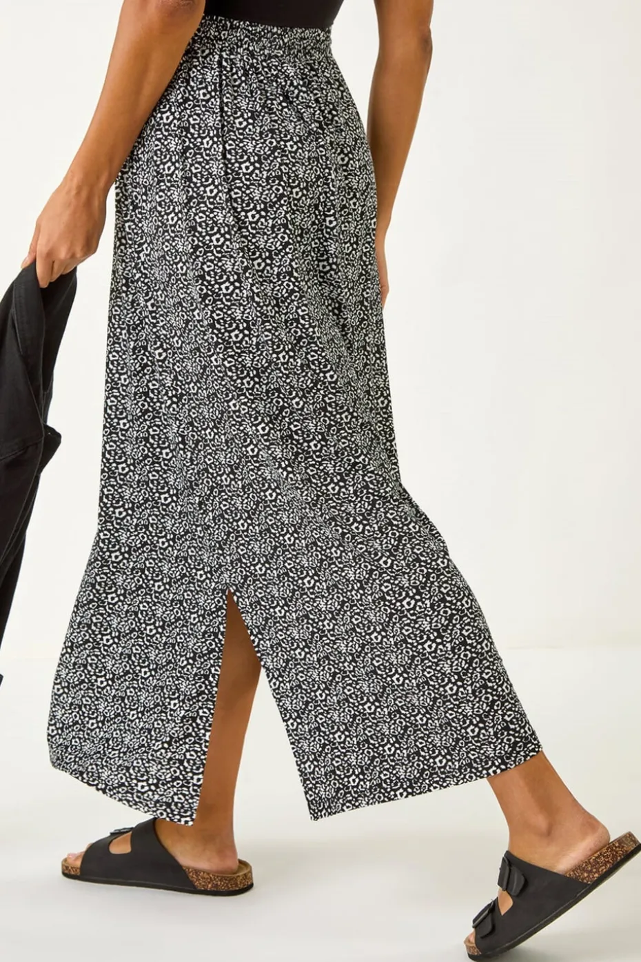 Roman Black Animal Print Split Stretch Skirt