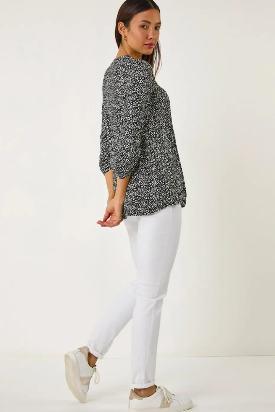 Roman Black Animal Print Pintuck Shirt