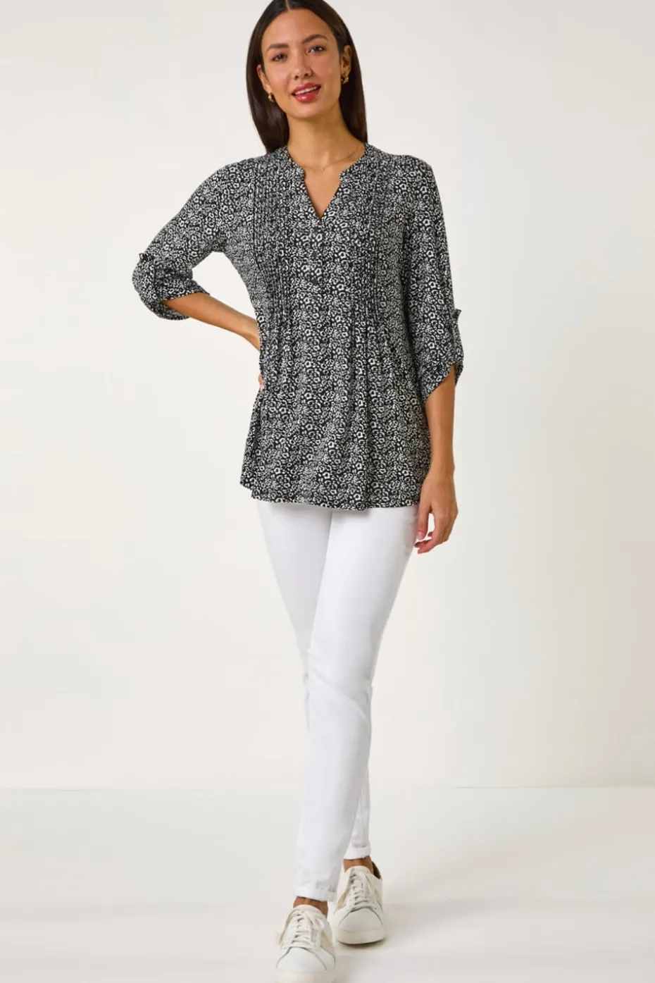 Roman Black Animal Print Pintuck Shirt