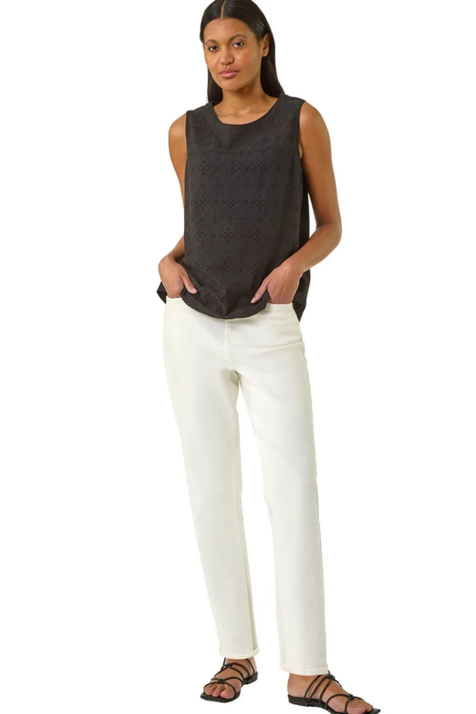 Roman Black Broderie Vest Top