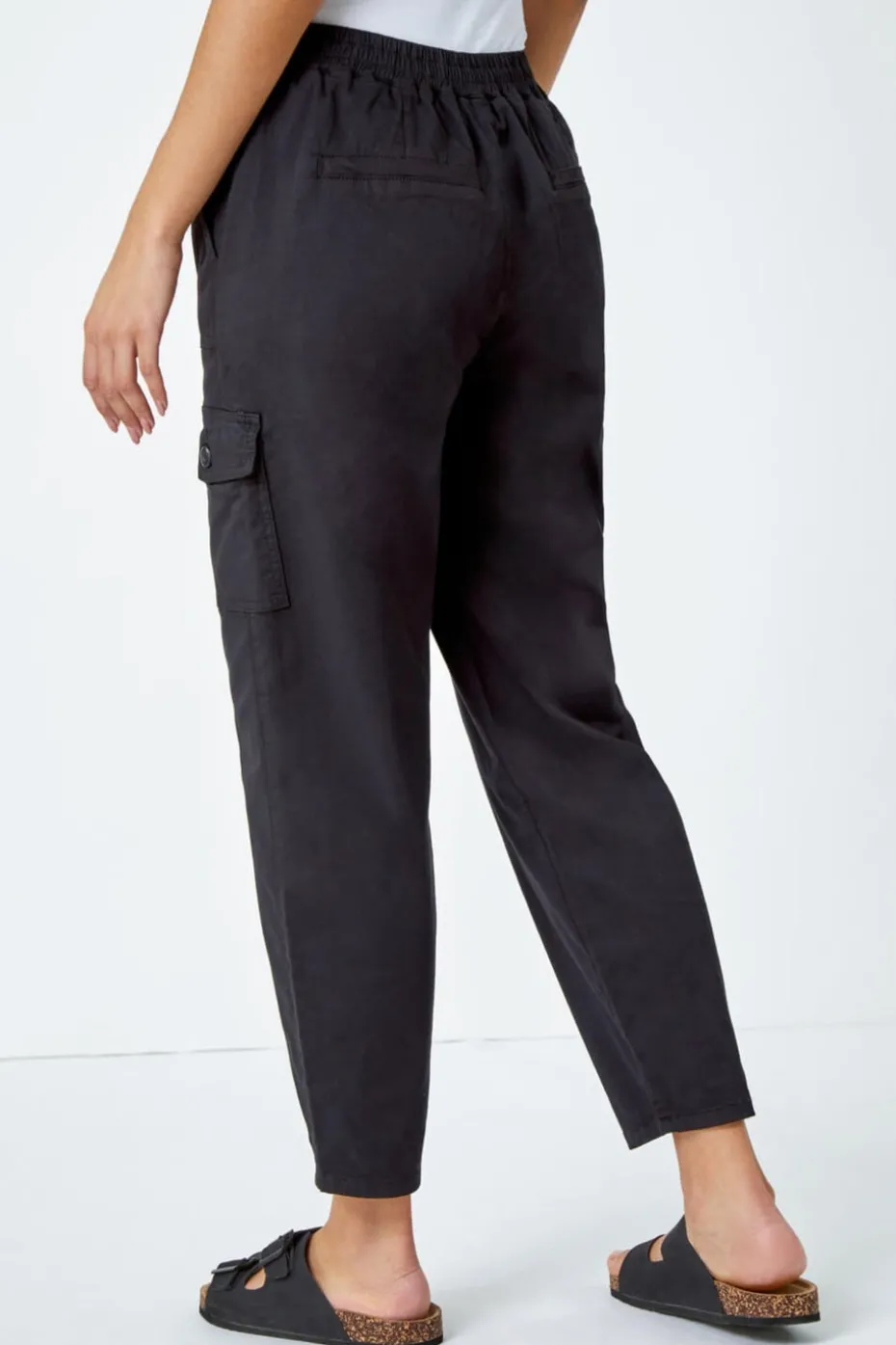 Roman Black Casual Elastic Waist Cargo Stretch Trousers