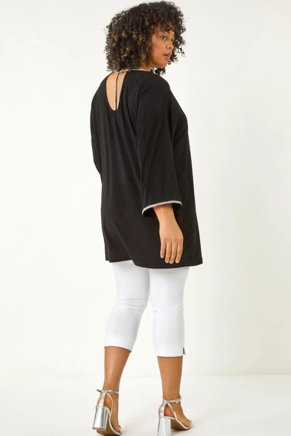 Roman Black Curve Diamante Trim Stretch Top